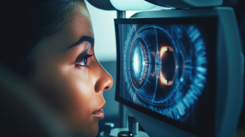 Paciente em exame oftalmológico digital com análise da íris em tela